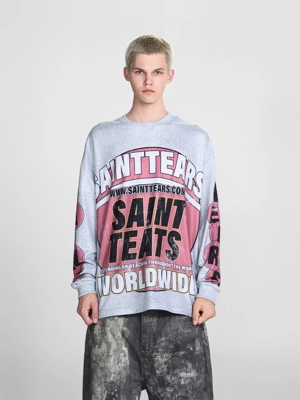 Saint michael tears all-over printed long-sleeved vintage autumn and winter T-shirt Style number: 101 Size: M L XL Wholesale price: 136 Color: floral gray green
